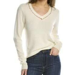women sofiacashmere Pearl V-Neck Cashmere Sweater